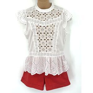 ORCHID HAZE Cotton White Eyelet‎ Ruffle Peplum Women's Blouse Size Medium